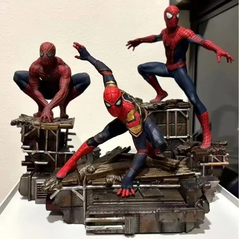 spider man collectible statues arranged as one connected diorama on a living room console for comic movie fans, Integrated Suit, Friendly Neighborhood Suit, Amazing Suit