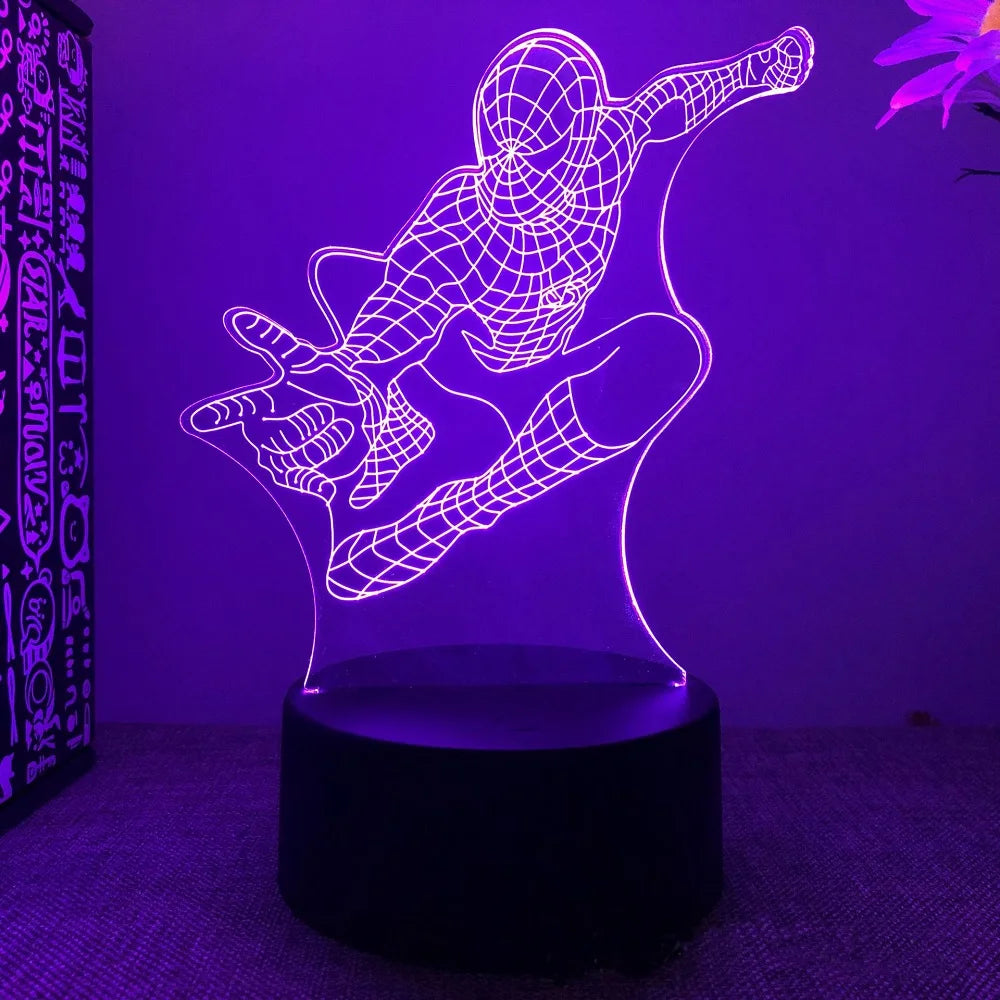 spiderman lamp 3d illusion led night light glowing purple on a bedside table for a kids marvel bedroom, Spider-Man Leaping