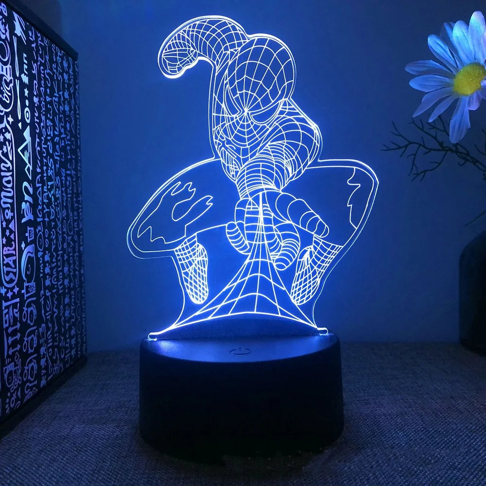 crouching spider man acrylic light panel lit blue, superhero night lamp for a teen bedroom or gaming shelf, Spider-Man Leaping, Spider-Man Web Shot