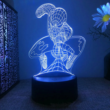 crouching spider man acrylic light panel lit blue, superhero night lamp for a teen bedroom or gaming shelf, Spider-Man Leaping, Spider-Man Web Shot