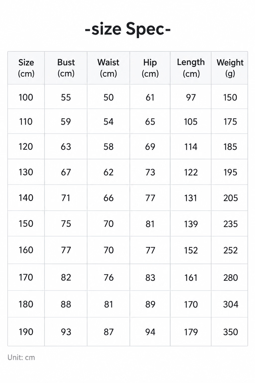 spiderman suit size chart by height for kids and adults, zentai costume bust waist hip and length measurements from 100 to 190