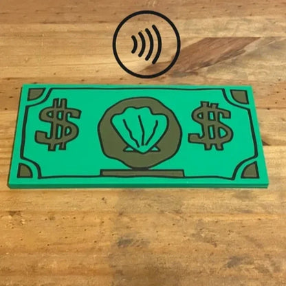 nfc contactless payment card holder in a spongebob shell dollar design, tap your card through the case at the card reader