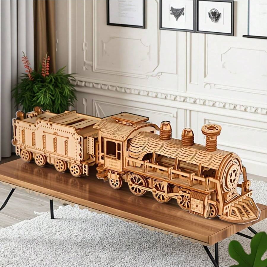3D wooden train puzzle on living room coffee table steampunk locomotive decor handcrafted home display adult craft