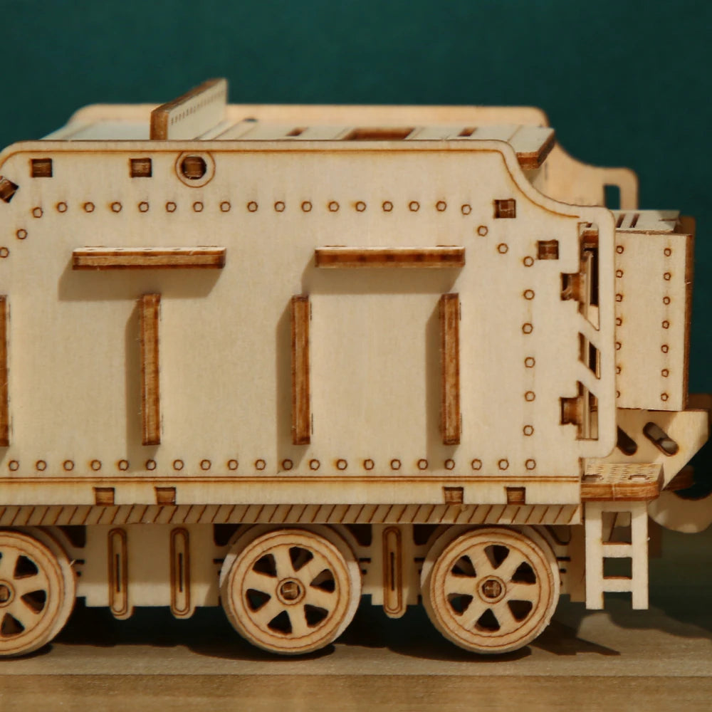 laser-cut birch wood detail steam train tender 3D puzzle model adult craft kit precision wooden engineering