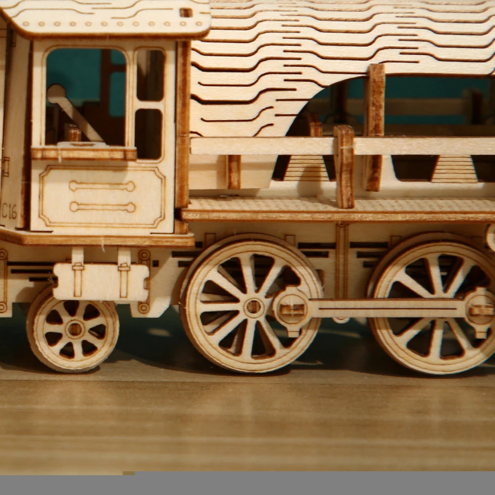 wooden train cab and wheel close-up 3D puzzle mechanical model birch craftsmanship adult hobby kit detail