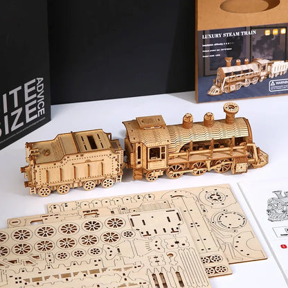 3D wooden steam train puzzle kit unassembled parts laser-cut sheets DIY model project gift box presentation