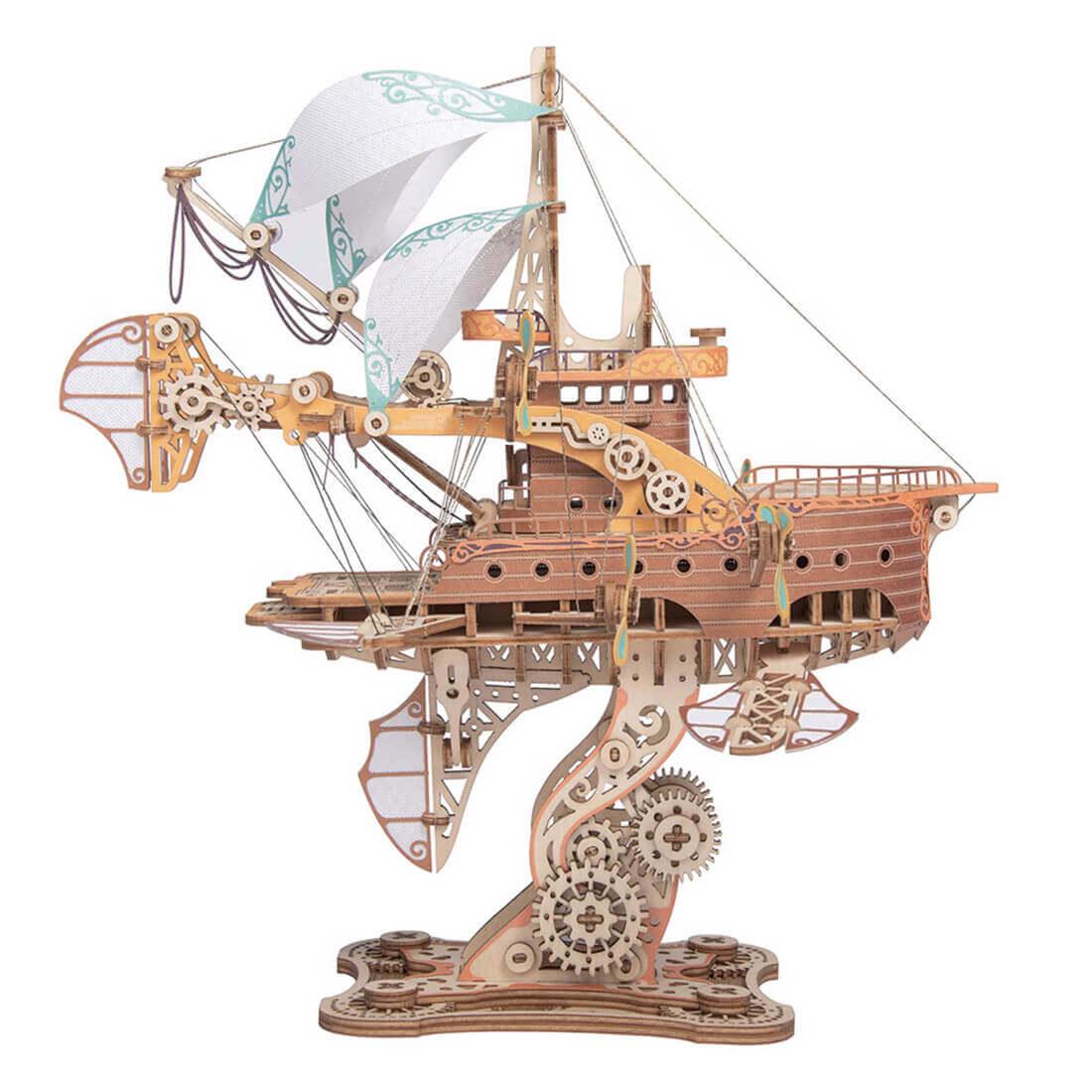 steampunk fantasy airship 3d wooden puzzle with iridescent sails, bamboo flying ship model kit for adults