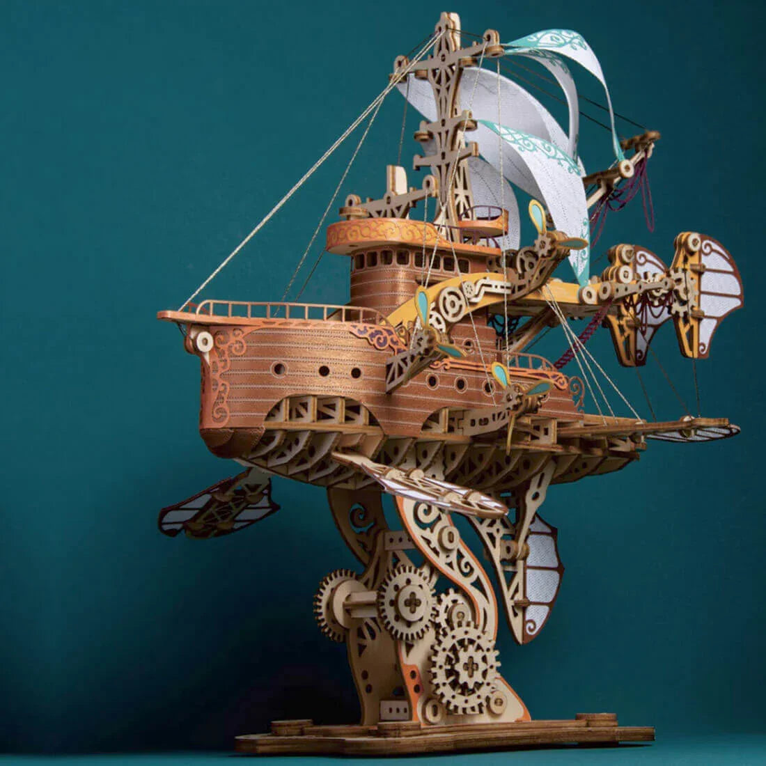 wooden airship model kit on a display stand, victorian sky ship decor for a home office desk or bookshelf