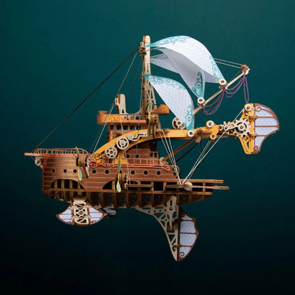 airship model kit 30.5 cm tall on its wooden base, fantasy sky galleon display piece for a study or studio