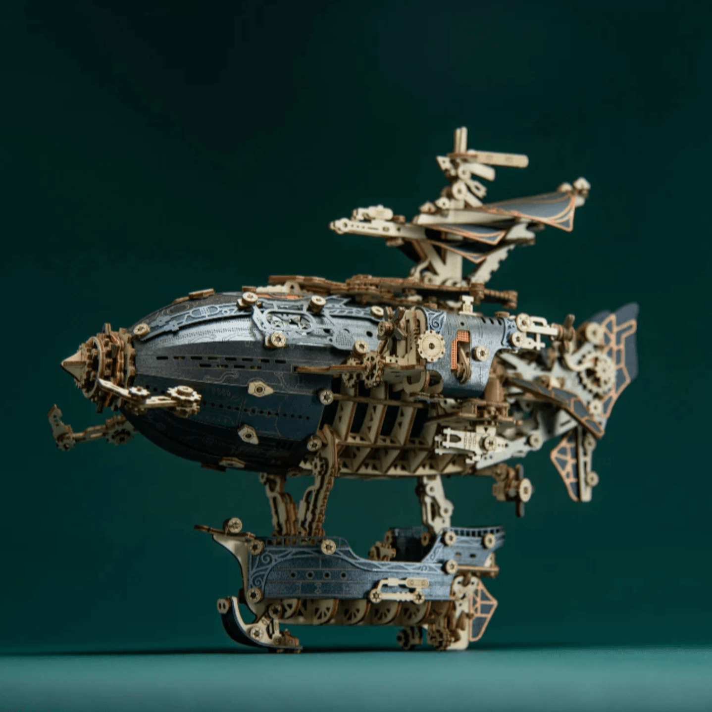 steampunk sky ship wooden model with upper deck rigging, aviation history gift for a model builder, Blue
