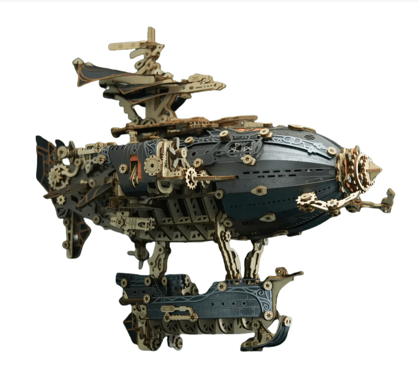 navy hulled steampunk airship wooden puzzle with riveted plating, 628 piece zeppelin kit for collectors, Blue