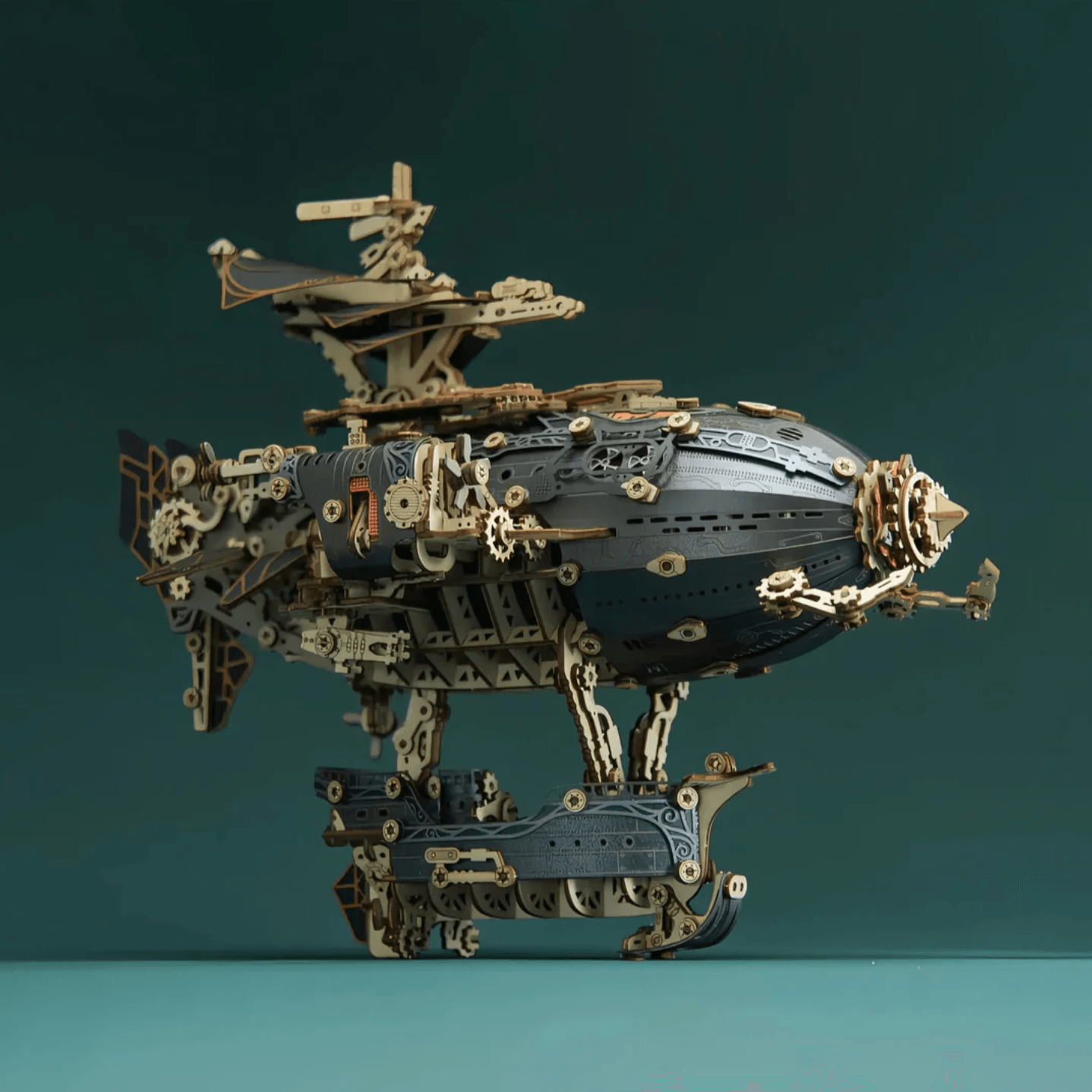 dark hulled airship model side profile with gondola and engine pods, dieselpunk desk decor for an office, Blue