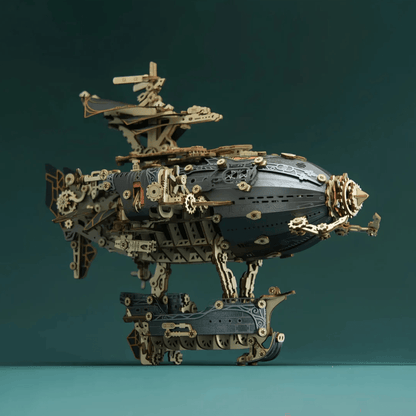 dark hulled airship model side profile with gondola and engine pods, dieselpunk desk decor for an office, Blue