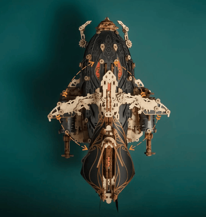 top view of a dark steampunk zeppelin model showing deck plating and mounted gun platforms, Blue