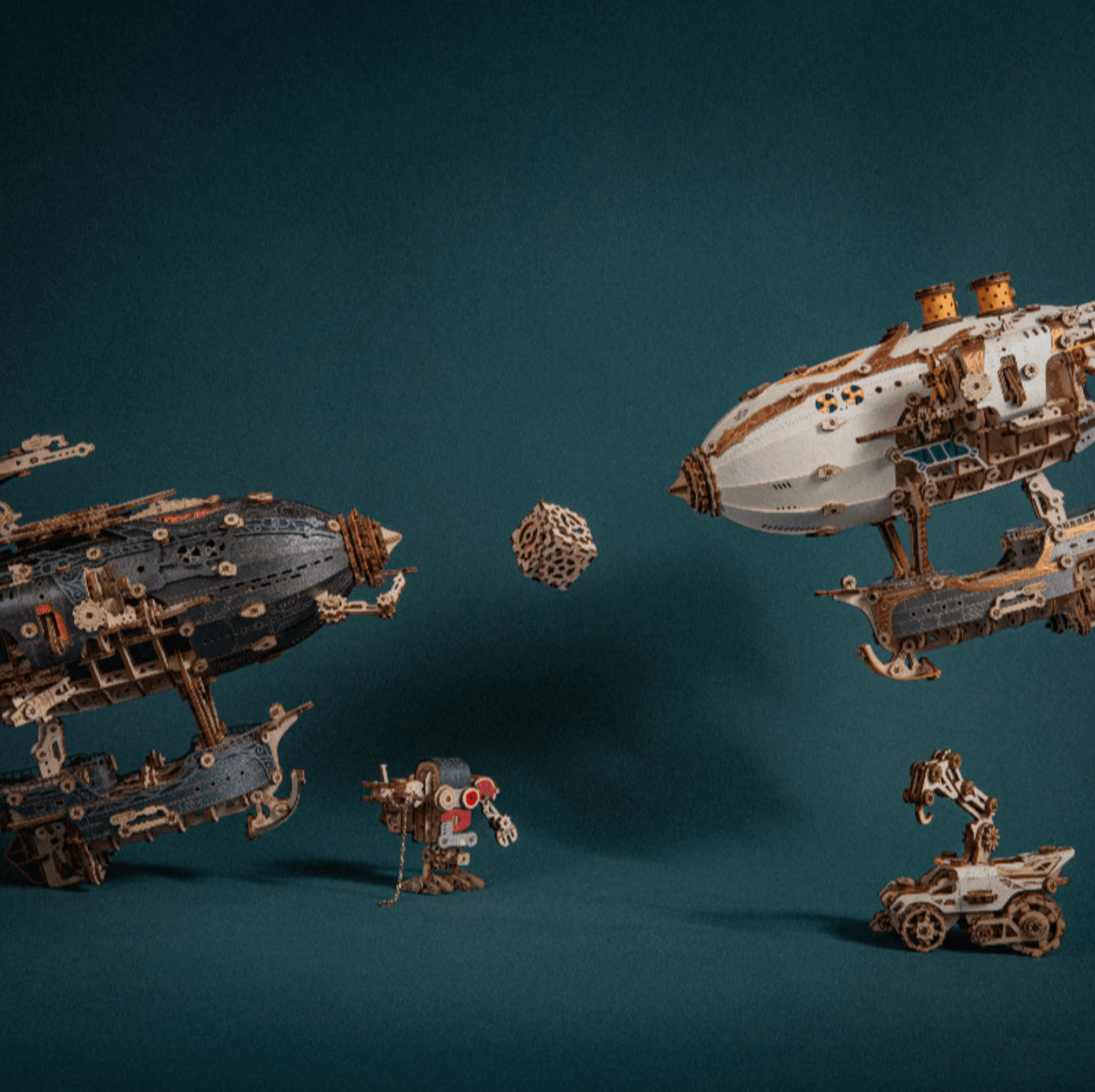steampunk airship fleet scene with wooden model figures, fantasy aviation display for a shelf diorama, White, Blue