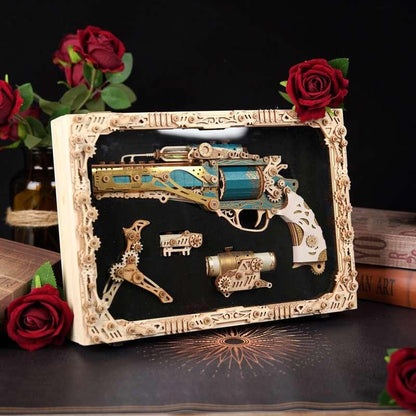 Steampunk wooden revolver puzzle pinewood display case with red roses, Palace Retro mechanical gun gift presentation — TOYGUNS-1 TOYGUNS-2 TOYGUNS-3 TOYGUNS-4 MOOD1-18580911