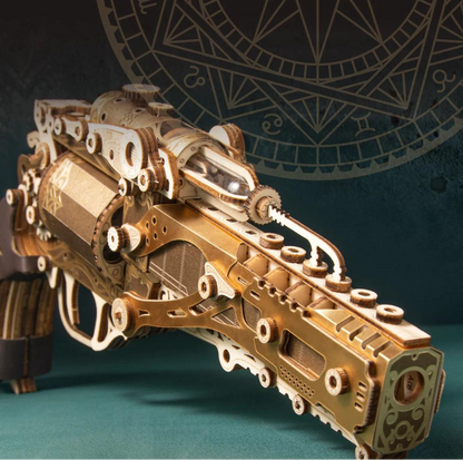 Gold steampunk revolver puzzle close-up wooden gun model, ornate brass gears and engraving detail shot — TOYGUNS-1 TOYGUNS-2 TOYGUNS-3 TOYGUNS-4 MOOD1-18580911