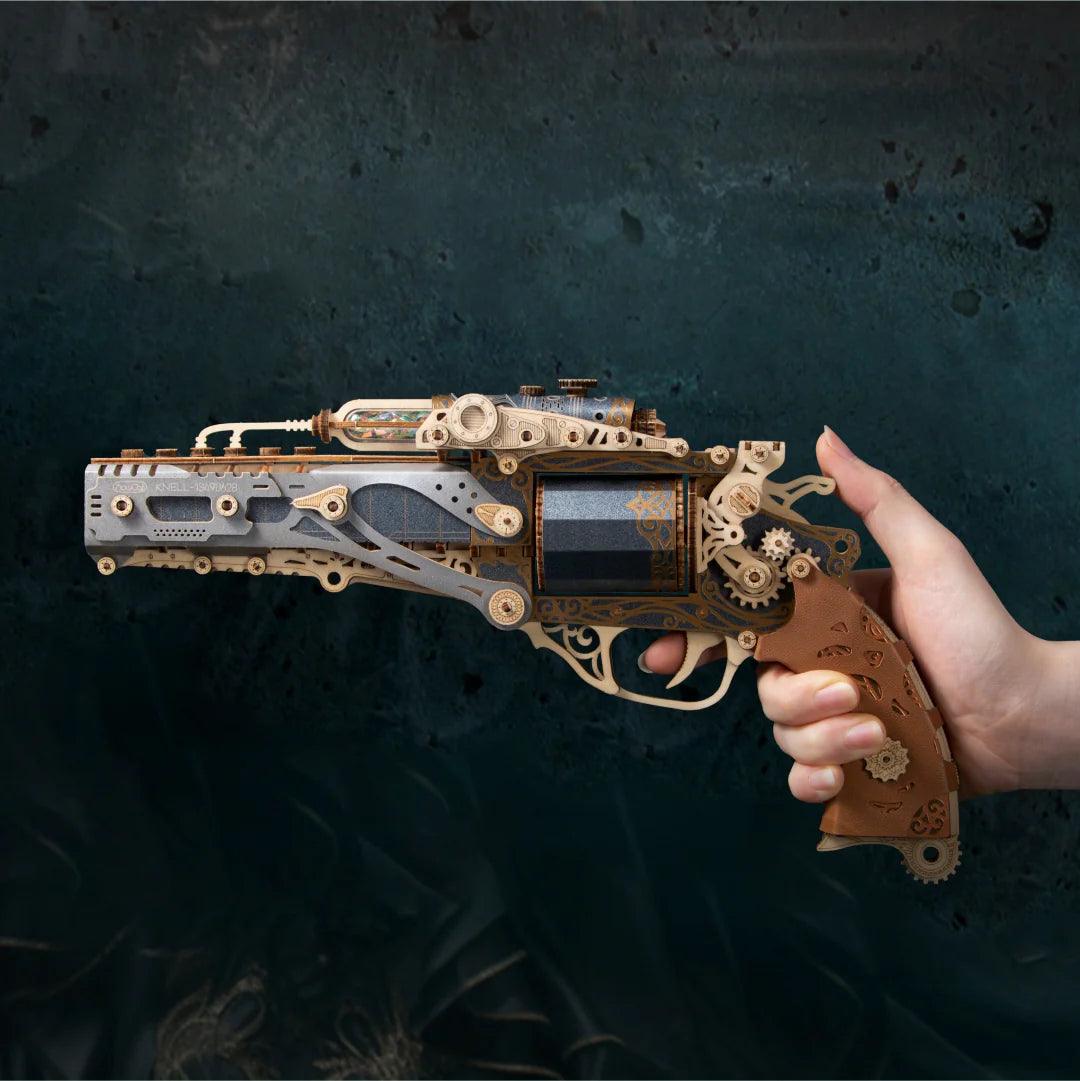 Silver steampunk wooden revolver puzzle, mechanical wood gun model with brown leather grip detail for adults — TOYGUNS-1 TOYGUNS-2 TOYGUNS-3 TOYGUNS-4 MOOD1-18580911