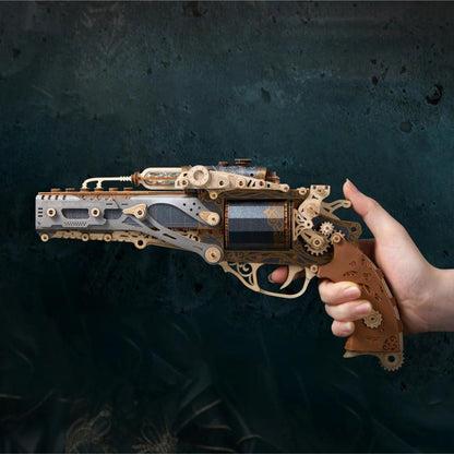 Silver steampunk wooden revolver puzzle, mechanical wood gun model with brown leather grip detail for adults — TOYGUNS-1 TOYGUNS-2 TOYGUNS-3 TOYGUNS-4 MOOD1-18580911