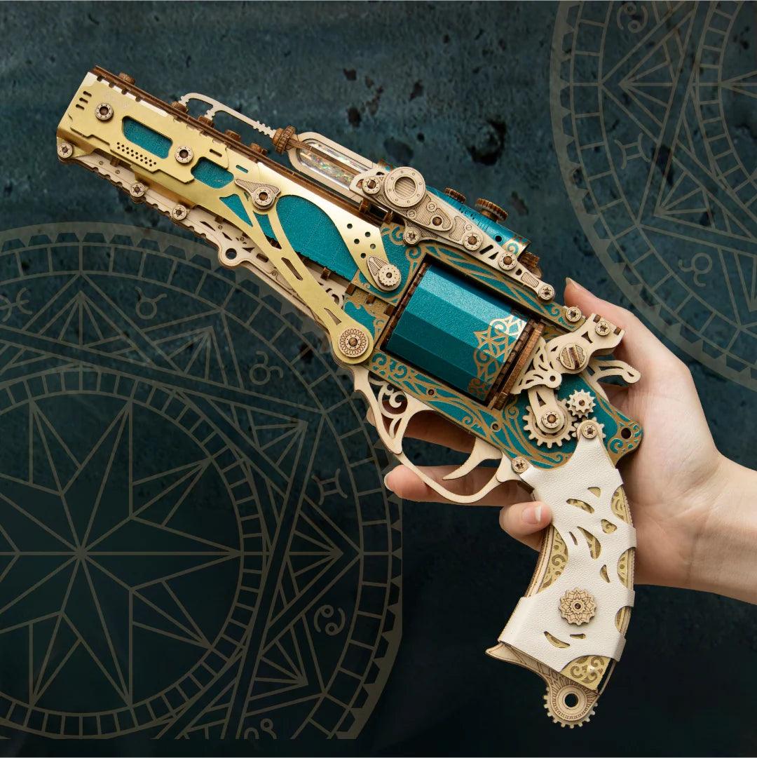 Teal wooden revolver puzzle in hand, Palace Retro steampunk mechanical wood gun model scale shot for adults — TOYGUNS-1 TOYGUNS-2 TOYGUNS-3 TOYGUNS-4 MOOD1-18580911