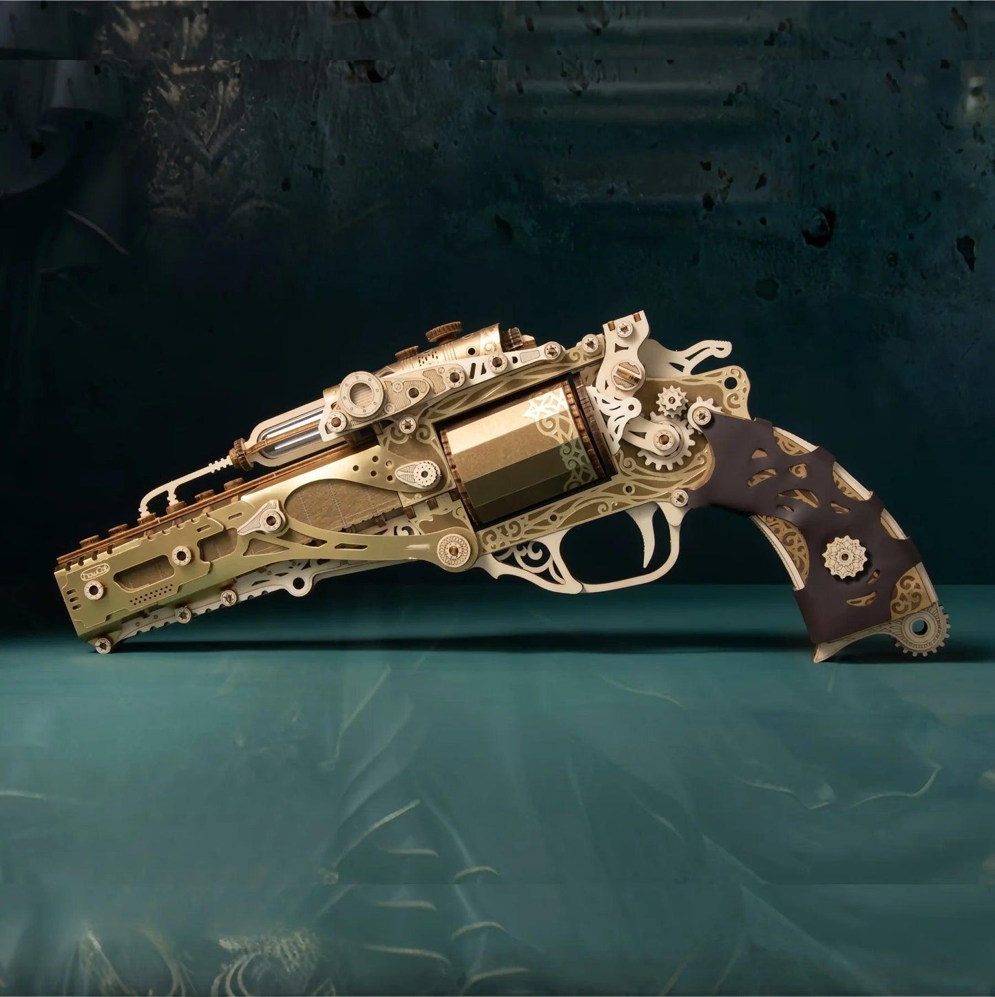 Fantasy Luxury wooden revolver puzzle angled view, gold steampunk wood gun model with leather grip detail — TOYGUNS-1 TOYGUNS-2 TOYGUNS-3 TOYGUNS-4 MOOD1-18580911