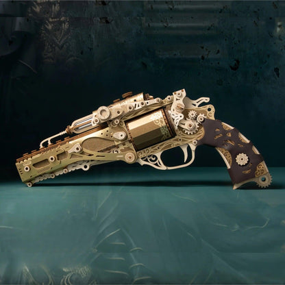Fantasy Luxury wooden revolver puzzle angled view, gold steampunk wood gun model with leather grip detail — TOYGUNS-1 TOYGUNS-2 TOYGUNS-3 TOYGUNS-4 MOOD1-18580911