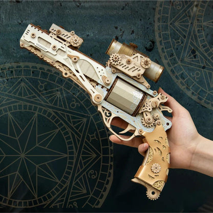 Victorian wooden revolver puzzle held in hand, ivory white mechanical wood gun model scale shot adult kit — TOYGUNS-1 TOYGUNS-2 TOYGUNS-3 TOYGUNS-4 MOOD1-18580911