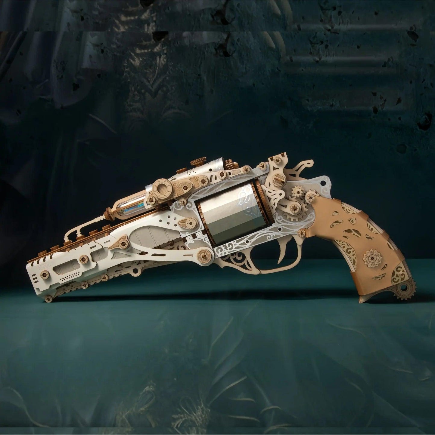 Cream wooden revolver puzzle in hand, Victorian Elegance steampunk wood gun model scale collector gift shot — TOYGUNS-1 TOYGUNS-2 TOYGUNS-3 TOYGUNS-4 MOOD1-18580911