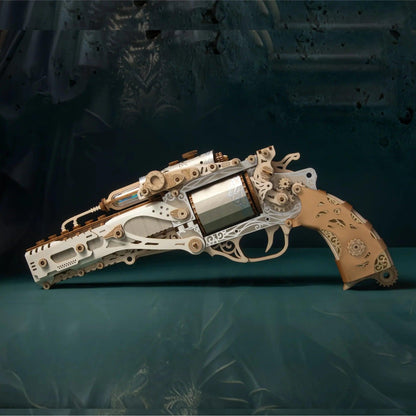 Cream wooden revolver puzzle in hand, Victorian Elegance steampunk wood gun model scale collector gift shot — TOYGUNS-1 TOYGUNS-2 TOYGUNS-3 TOYGUNS-4 MOOD1-18580911