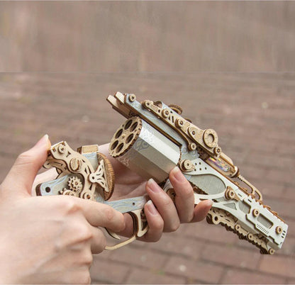 Silver steampunk wooden revolver puzzle in hand, mechanical wood gun model intermediate kit for adult builders — TOYGUNS-1 TOYGUNS-2 TOYGUNS-3 TOYGUNS-4 MOOD1-18580911