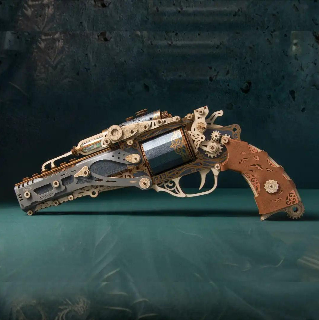 Steampunk wooden revolver puzzle gray model gun kit, mechanical wood gun with brown leather grip for adults — TOYGUNS-1 TOYGUNS-2 TOYGUNS-3 TOYGUNS-4 MOOD1-18580911