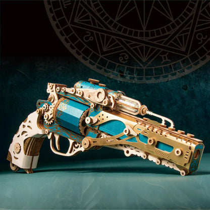 Wooden revolver puzzle 176 piece kit teal blue steampunk model, full side view of assembled mechanical wood gun — TOYGUNS-1 TOYGUNS-2 TOYGUNS-3 TOYGUNS-4 MOOD1-18580911