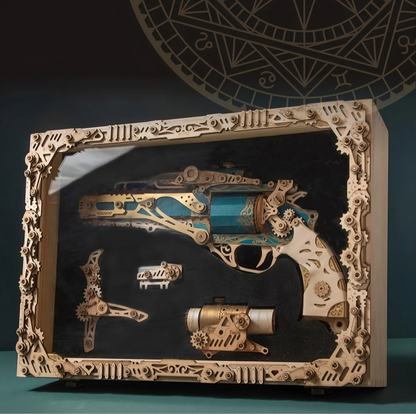 3D wooden revolver puzzle in pinewood display case, steampunk wood gun model gift box with engraved frame lid — TOYGUNS-1 TOYGUNS-2 TOYGUNS-3 TOYGUNS-4 MOOD1-18580911