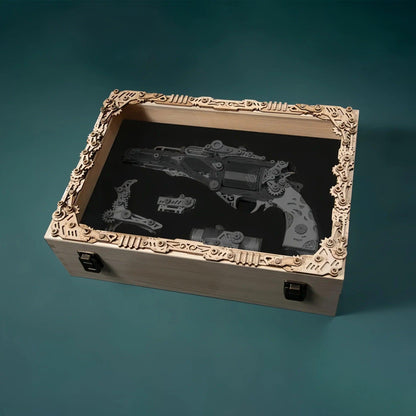Pinewood collector display case for wooden revolver puzzle, steampunk model gun storage box with engraved lid — TOYGUNS-1 TOYGUNS-2 TOYGUNS-3 TOYGUNS-4 MOOD1-18580911