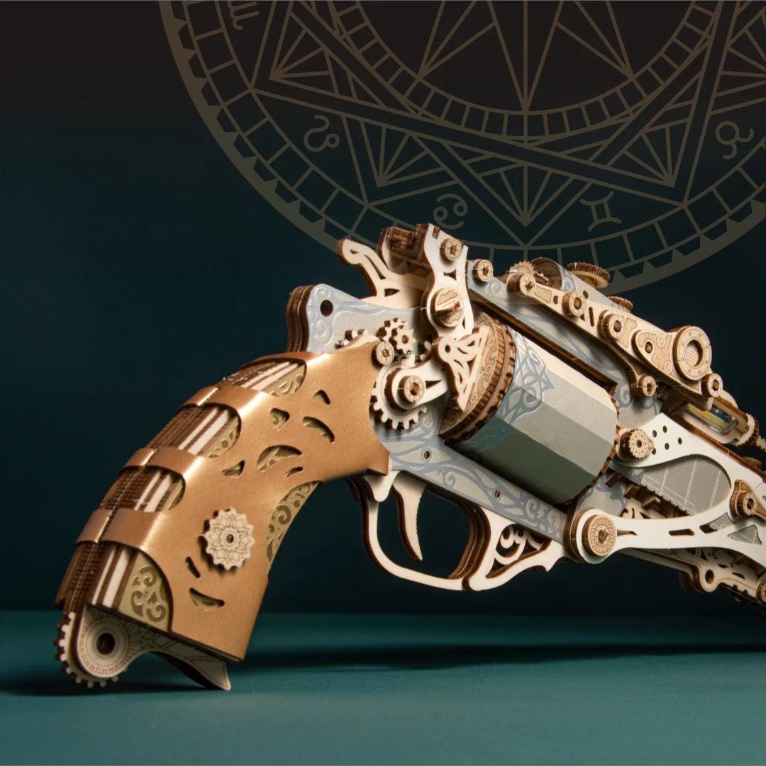 Steampunk wooden revolver puzzle barrel detail, mechanical wood gun gears trigger close-up for adult builders — TOYGUNS-1 TOYGUNS-2 TOYGUNS-3 TOYGUNS-4 MOOD1-18580911