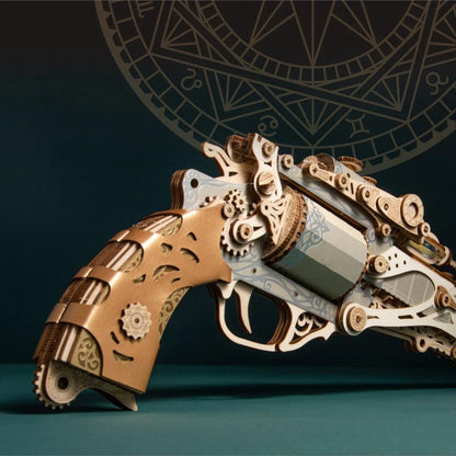 Steampunk wooden revolver puzzle barrel detail, mechanical wood gun gears trigger close-up for adult builders — TOYGUNS-1 TOYGUNS-2 TOYGUNS-3 TOYGUNS-4 MOOD1-18580911