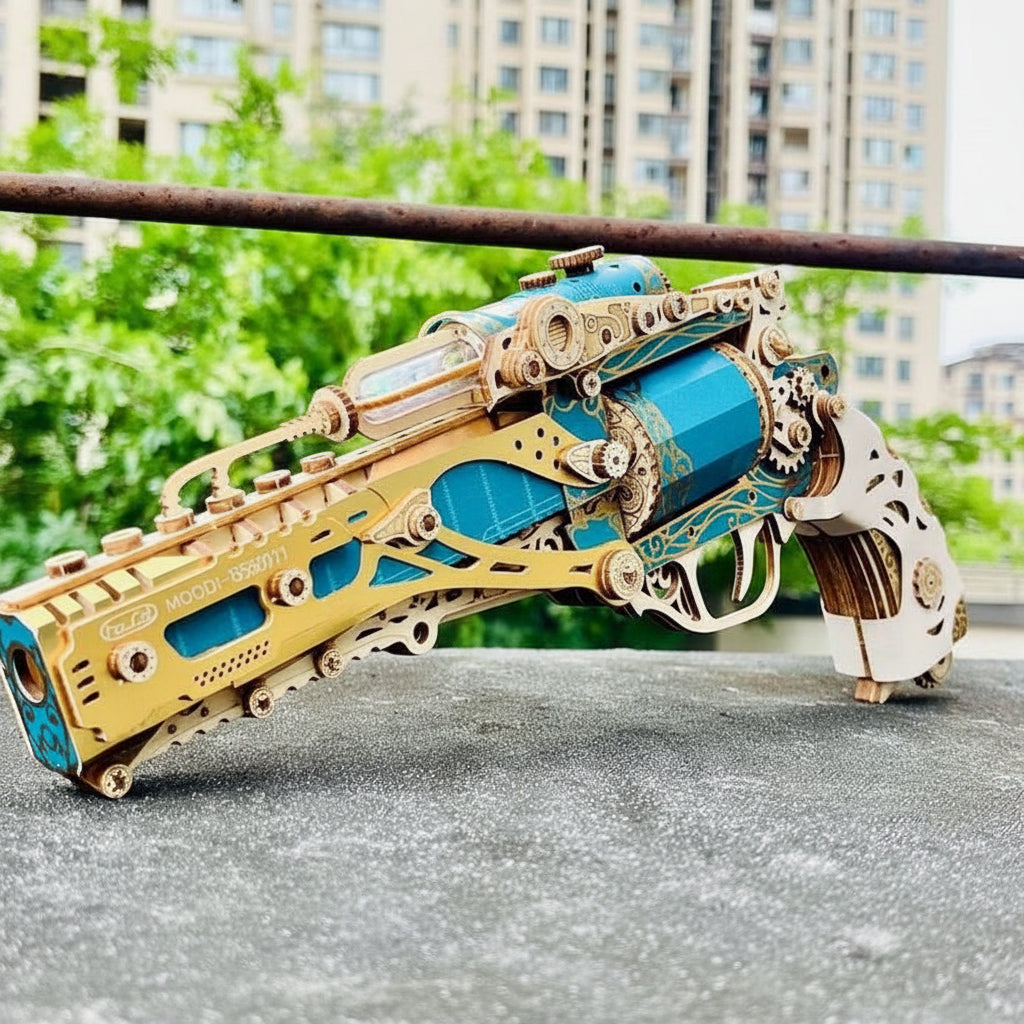 Teal Palace Retro wooden revolver puzzle outdoor rooftop lifestyle, steampunk mechanical wood gun display piece — TOYGUNS-1 TOYGUNS-2 TOYGUNS-3 TOYGUNS-4 MOOD1-18580911
