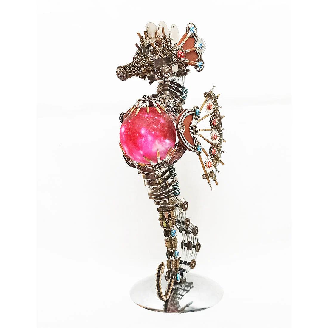 mechanical seahorse sculpture with a pink glowing lamp orb and screw built fins for steampunk collectors, FIREWORKS
