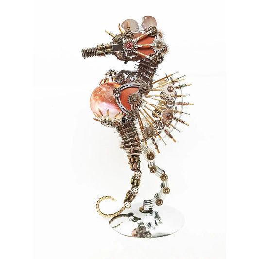 steampunk mechanical seahorse 3d metal puzzle 2100 piece model kit with a glowing planet lamp sphere, PLANET