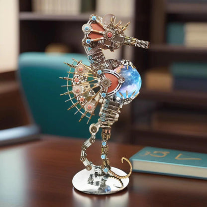 mechanical seahorse metal sculpture lit on a desk as nautical steampunk decor for a home office shelf, PLANET