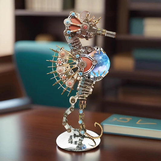 mechanical seahorse metal sculpture lit on a desk as nautical steampunk decor for a home office shelf, PLANET