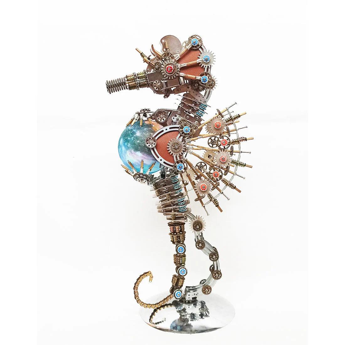 3d metal seahorse model kit with a galaxy globe light and spined fin plating in copper and steel, PLANET