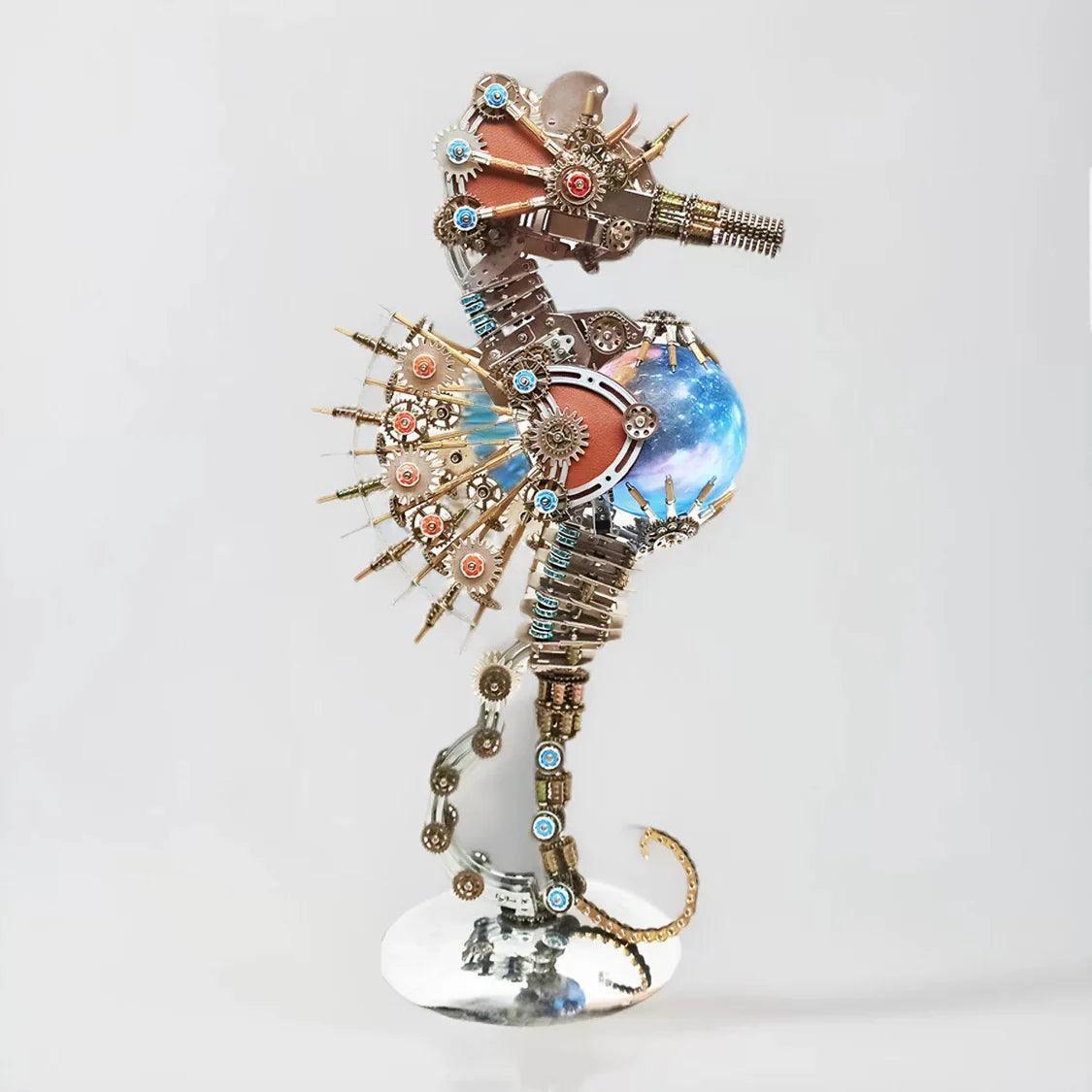 diy metal puzzle seahorse with brass gears rivets and a cosmic sphere lamp for adult model builders, PLANET