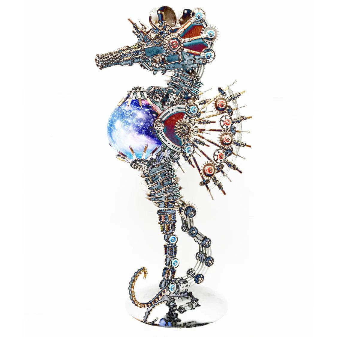 steampunk seahorse sculpture in blue and silver metal holding an illuminated planet orb centre piece, PLANET