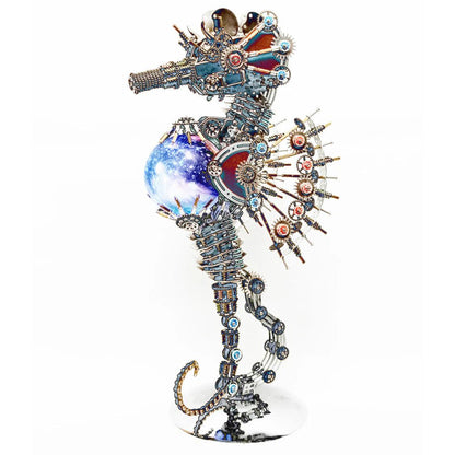 steampunk seahorse sculpture in blue and silver metal holding an illuminated planet orb centre piece, PLANET