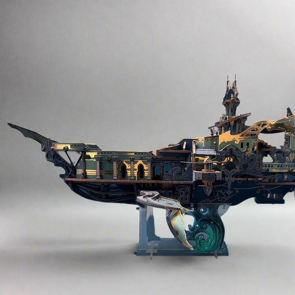 fantasy flying ship wooden model on its display stand as a bookshelf centrepiece for a study or den, Blue
