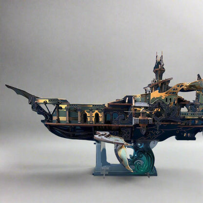 fantasy flying ship wooden model on its display stand as a bookshelf centrepiece for a study or den, Blue