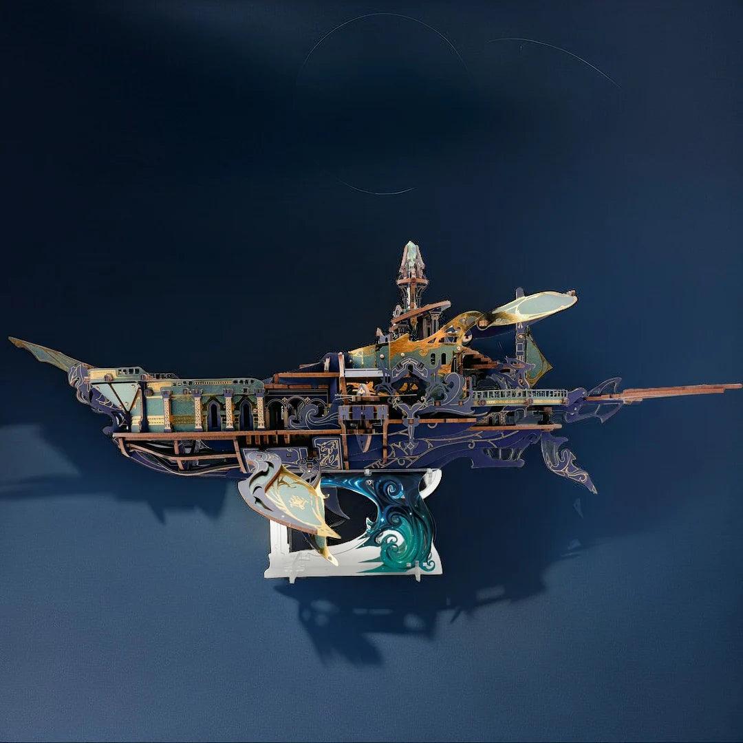 illuminated wooden airship puzzle using three aa batteries as ambient light for a bedroom shelf, Blue