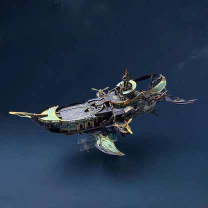 wooden airship puzzle with articulated fins and gear mechanisms as a fantasy shelf display sculpture, Blue