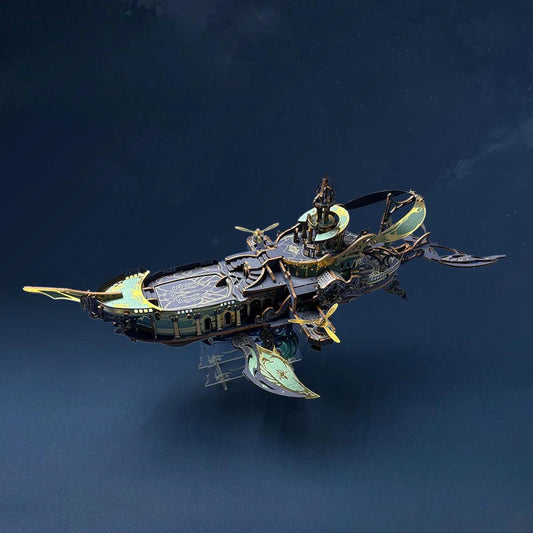 wooden airship puzzle with articulated fins and gear mechanisms as a fantasy shelf display sculpture, Blue
